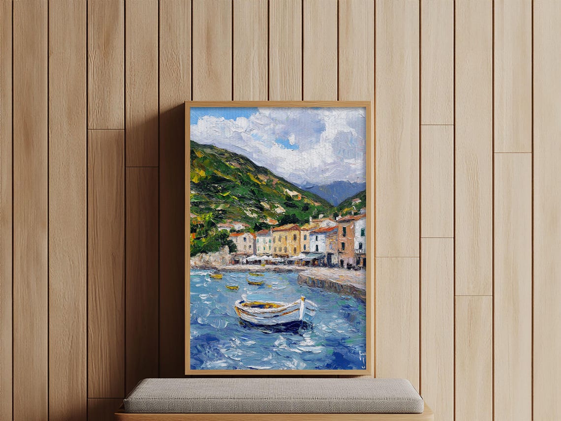 Modern Art Print Italian Fishing Village Italy Oil Painting Neutral Wall Art Seascape Painting Impasto Style Print Boho