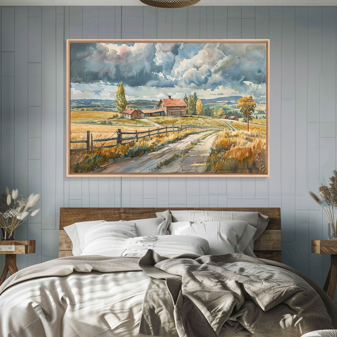 Watercolor Farm Road Red Barns Split Rail Fence Storm Clouds Poster - Image 4