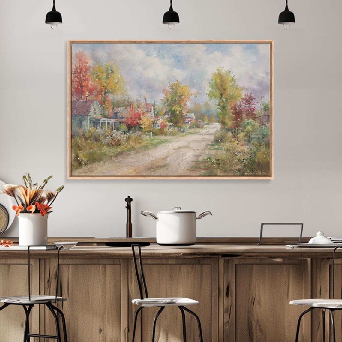 Autumn Small Town Street Watercolor Fall Foliage Houses Village Poster - Image 5