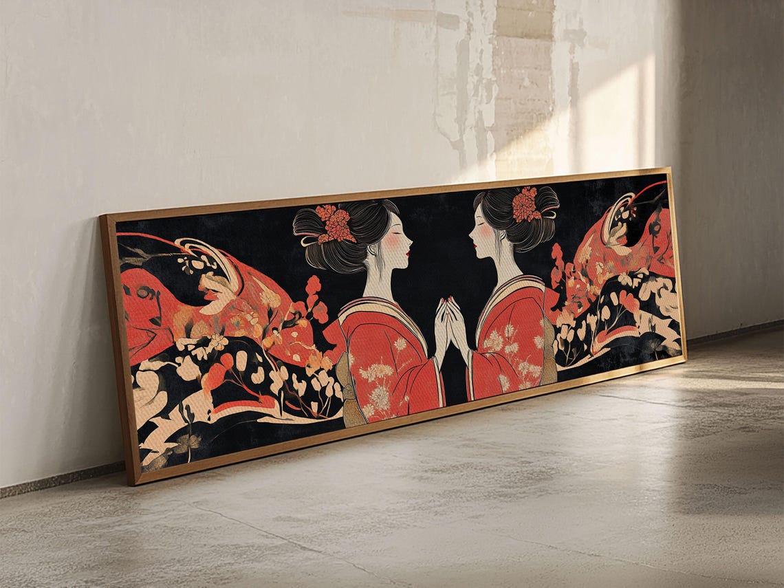 Geisha Red Kimono Mirrored Art Nouveau Japanese Floral Wall Poster - Image 2