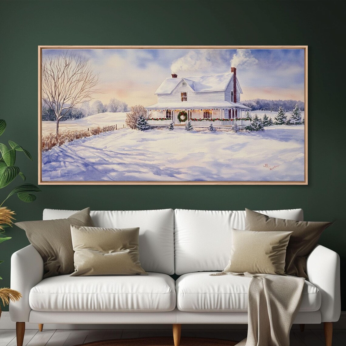 Snowy White Farmhouse Christmas Wreath Winter Dusk Art Print