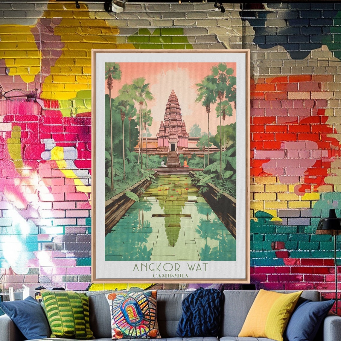 Angkor Wat Cambodia Temple Reflection Moat Sunset Palms Travel Poster - Image 5