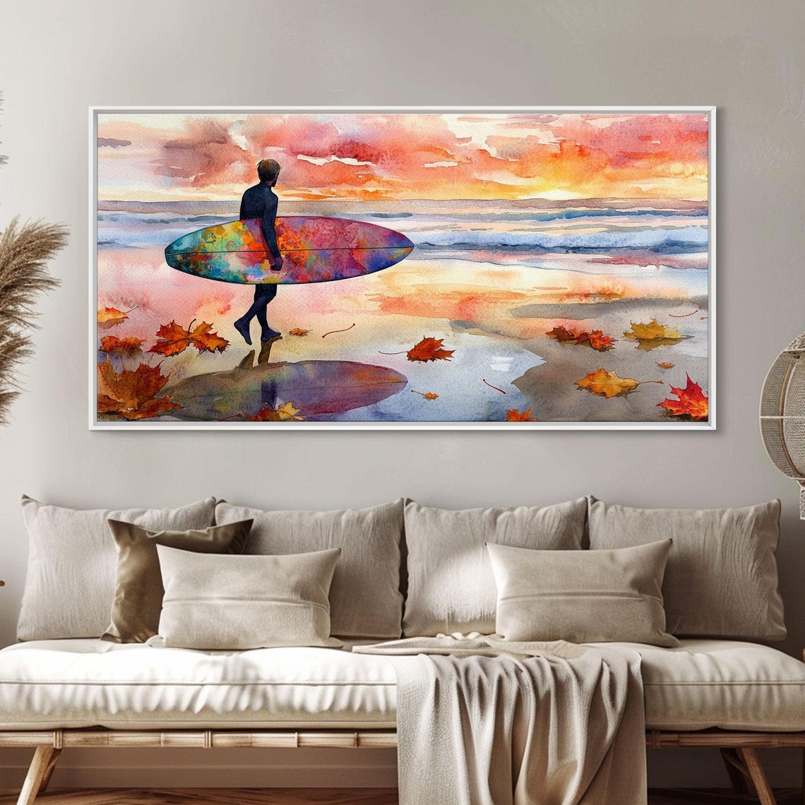 Autumn Surfing Sunset Surfer Colorful Board Maple Leaves Beach Poster