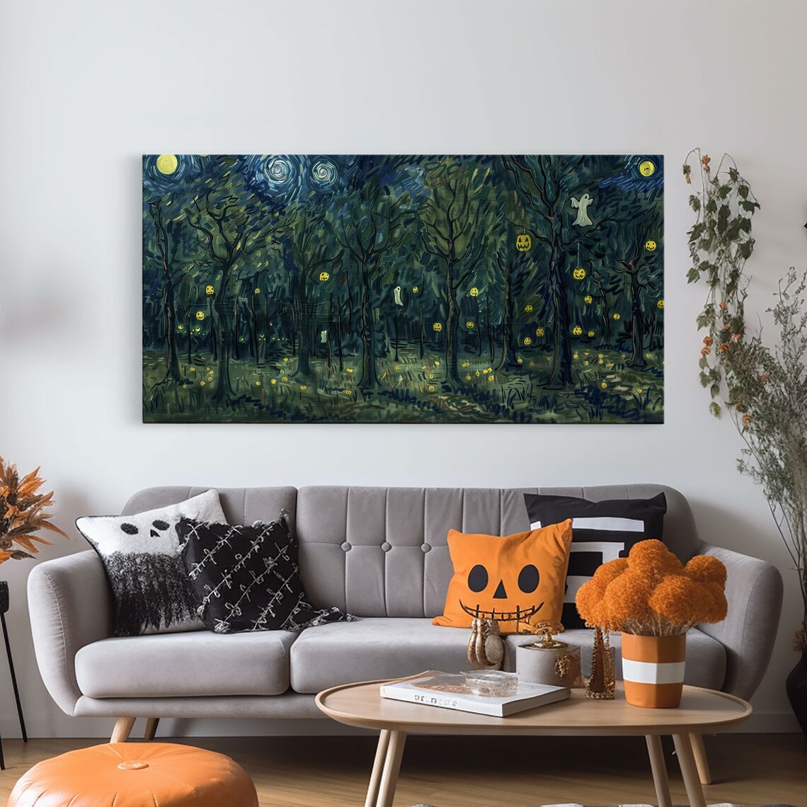 Starry Night Haunted Forest Ghosts Hanging Jack O Lanterns Spooky Poster - Image 6