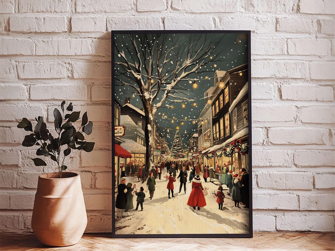 Christmas Eve Town Square Crowd Snowy Night Vintage Painting Poster - Image 3
