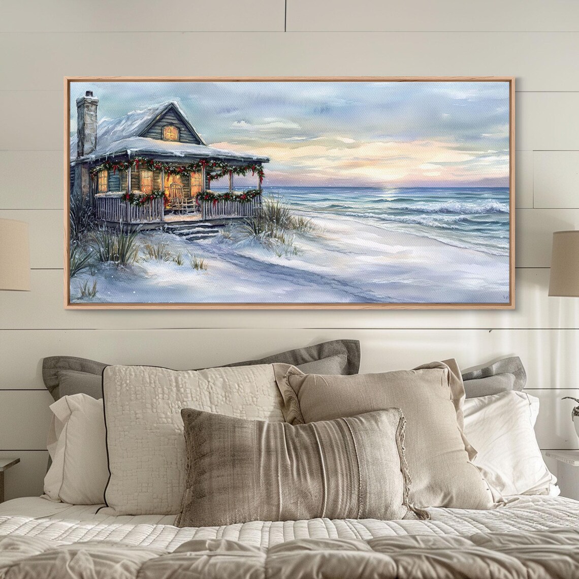 Snowy Beach Cottage Christmas Garland Porch Ocean Sunset Art Print - Image 4
