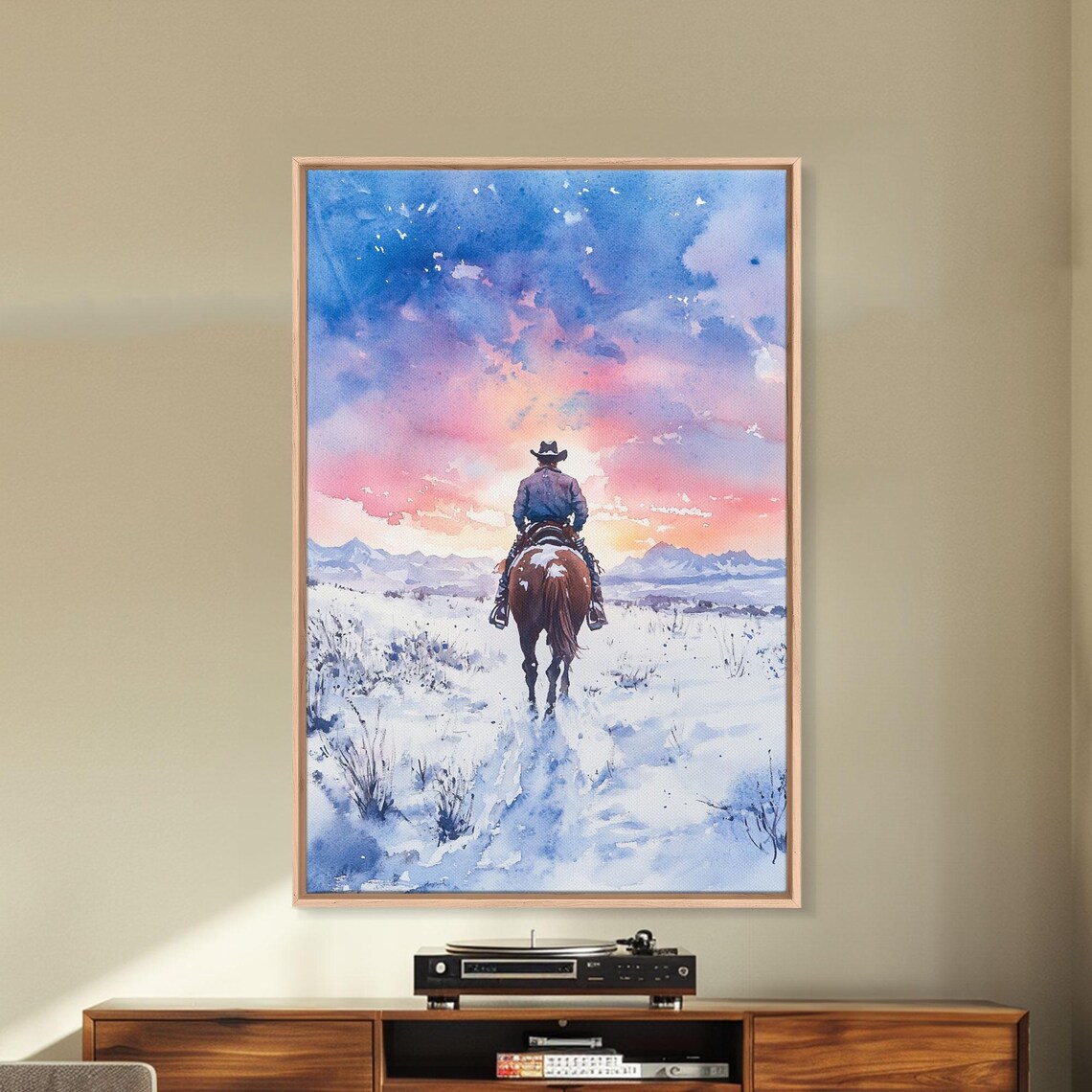 Cowboy Riding Horse Through Snow Toward Pink Sunset Mountains Poster - Image 4