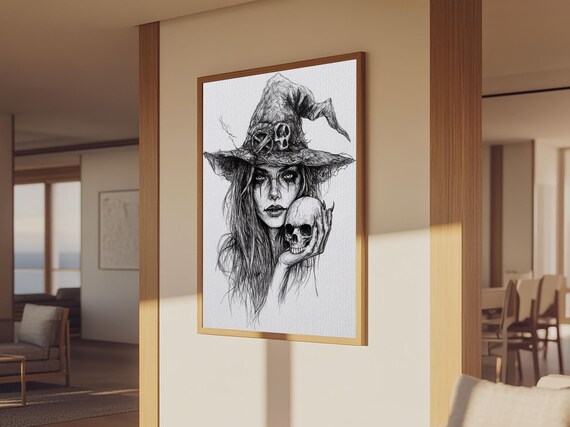 Witch Holding Skull Charcoal Portrait Dark Halloween Art Poster