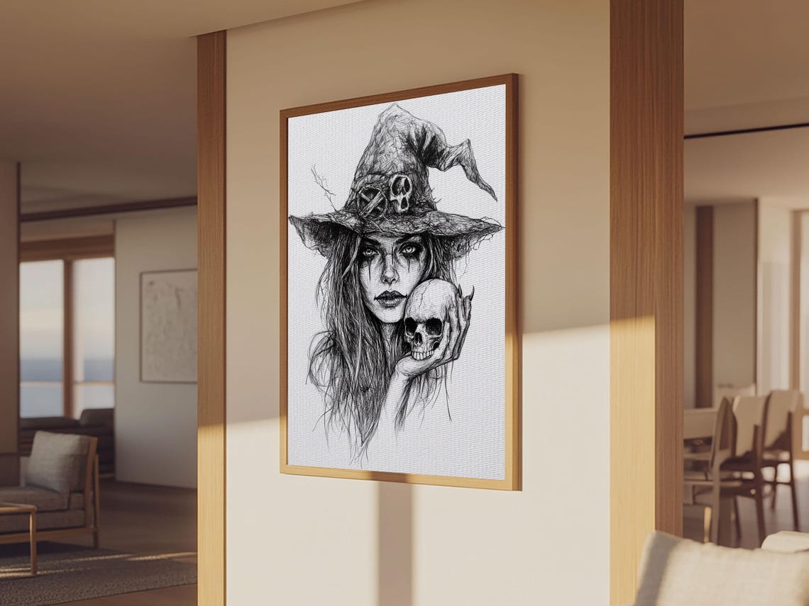 Witch Holding Skull Charcoal Portrait Dark Halloween Art Poster