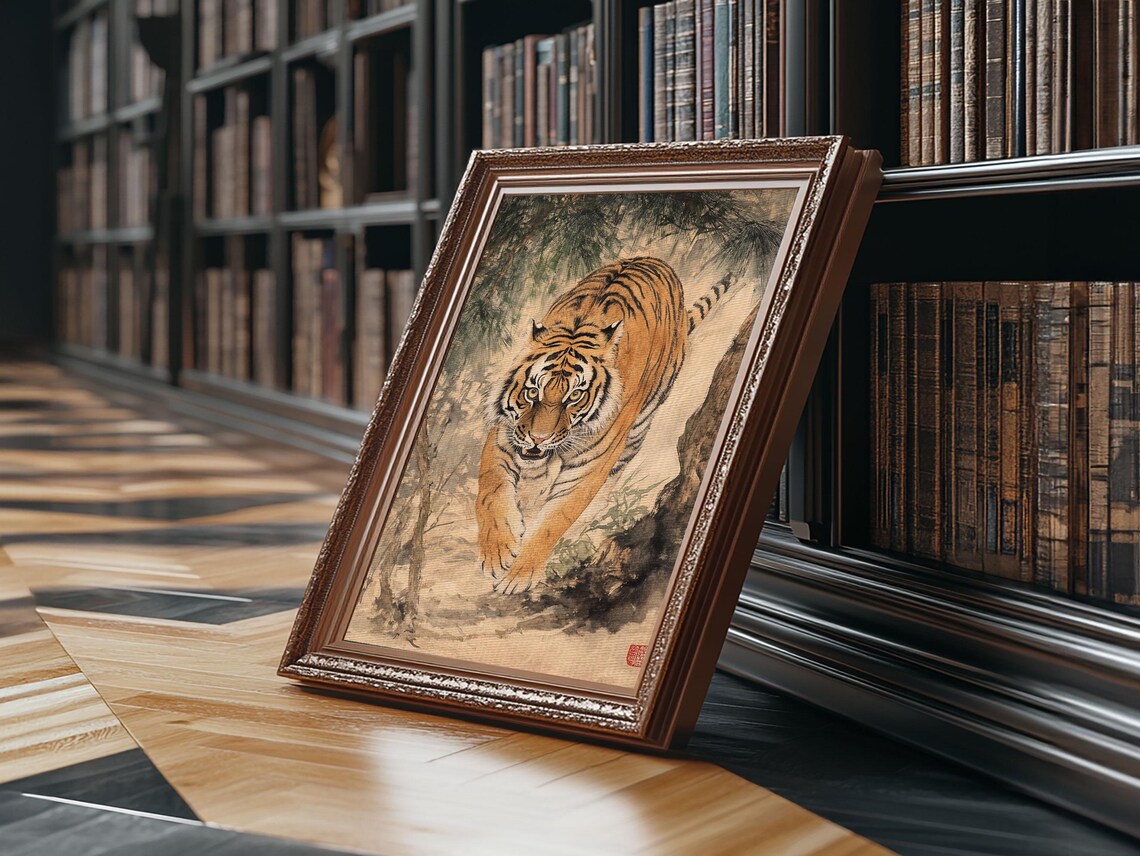 Prowling Tiger In Bamboo Forest Vintage Asian Wildlife Poster