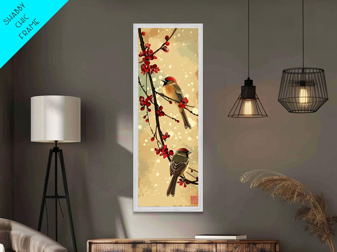 Pair Of Songbirds Cherry Blossoms Winter Snowfall Tall Art Print - Image 2