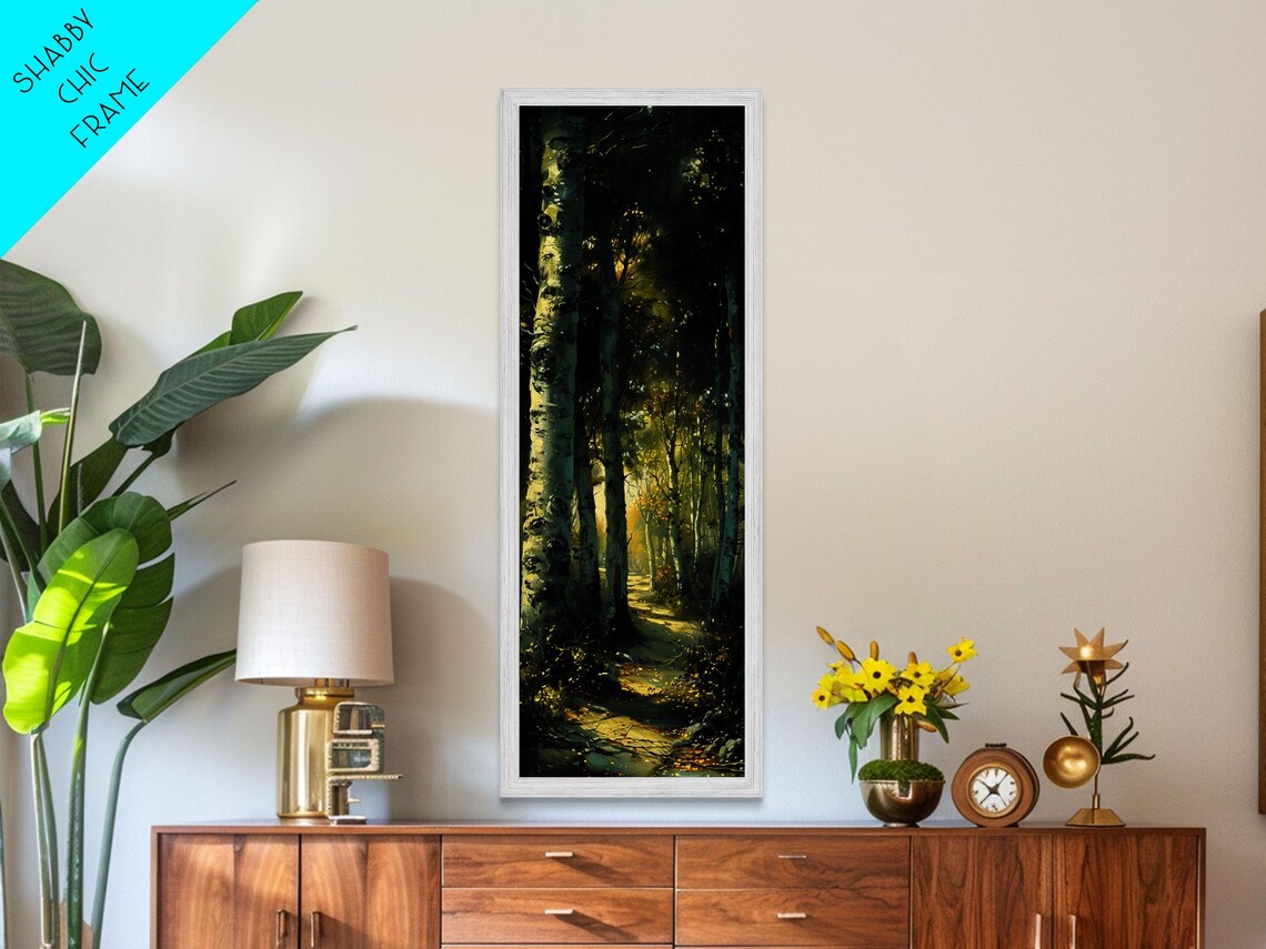Serene Birch Tree Pathway In Tall Skinny Art Framed Print Perfect For Tranquil Wall Decor In Bedrooms Or Study Rooms - Image 5