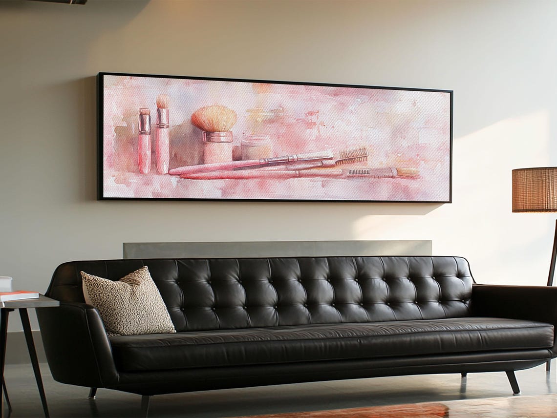 Pink Watercolor Makeup Brushes Vanity Set Horizontal Wall Art Poster - Image 4