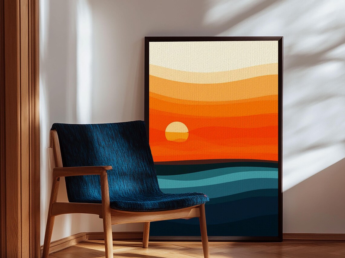 Art Deco Ocean Sunset Orange Sun Teal Waves Gradient Minimalist Art Print - Image 4