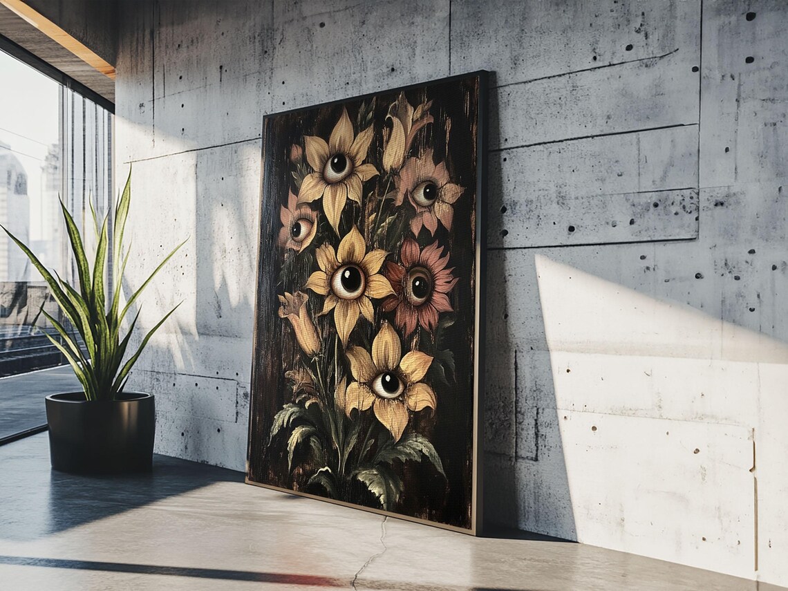 Surreal Flowers With Eyes Dark Gothic Botanical Painting Print