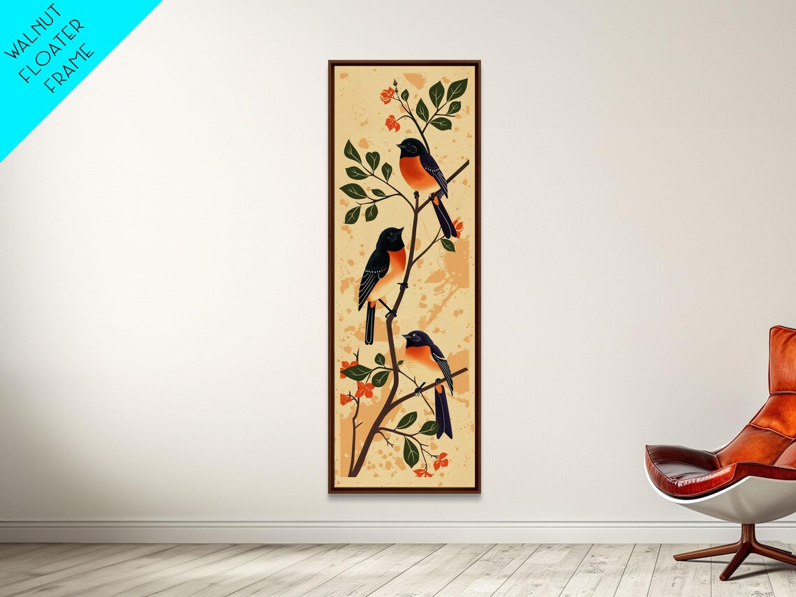 Three Songbirds Flowering Branch Folk Illustration Art Poster - Image 4