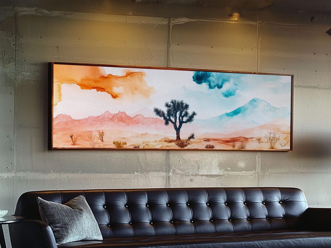 Joshua Tree Desert Watercolor Pink Mountains Panoramic Painting Poster - Image 3