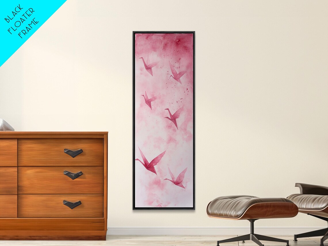 Pink Origami Cranes Flying Watercolor Minimalist Zen Art Poster - Image 3