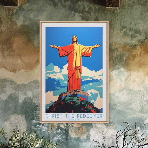 Christ the Redeemer Brazil Rio Statue Blue Sky Cloud Backdrop Travel Poster