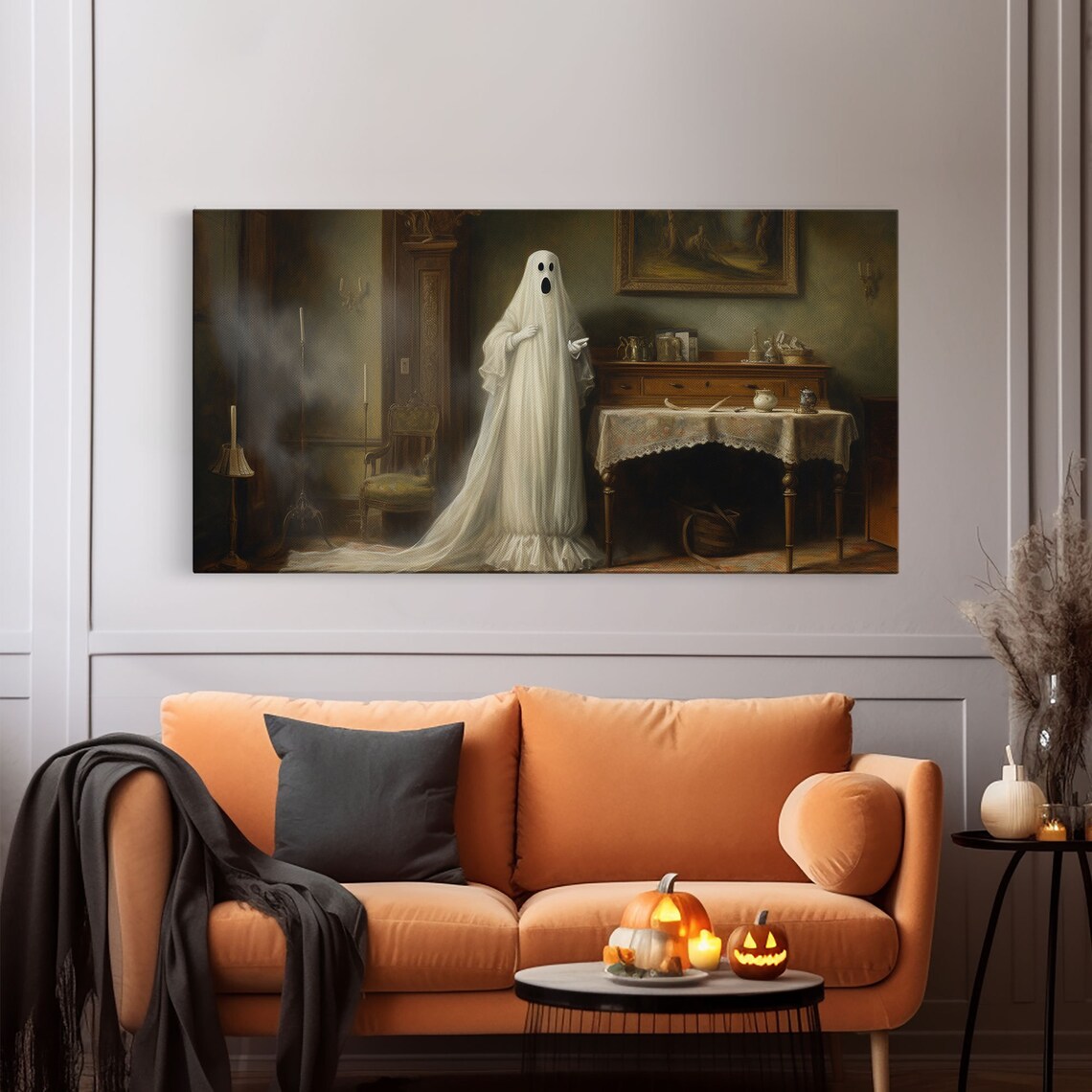 Sheet Ghost Victorian Parlor Standing Spooky Oil Painting Halloween Art Poster