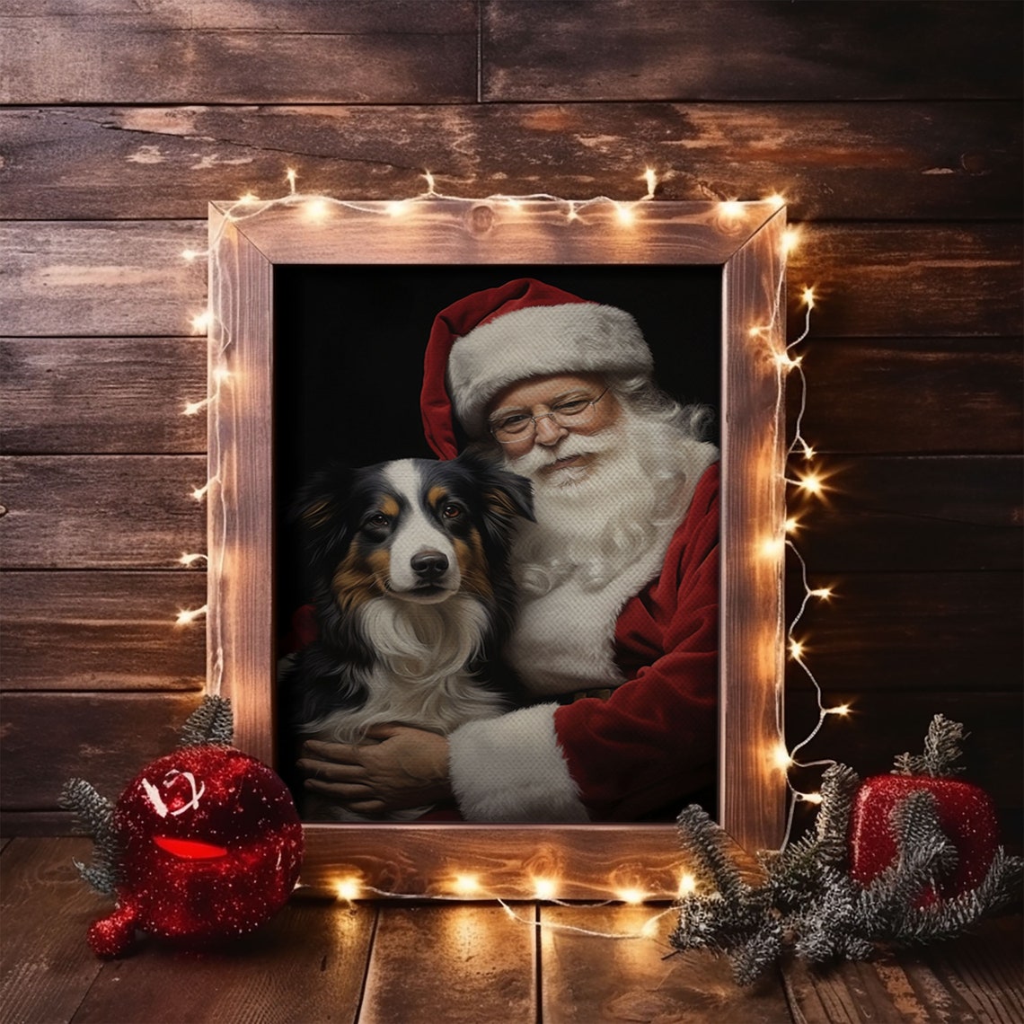 Santa Claus Hugging Australian Shepherd Christmas Dog Poster - Image 6