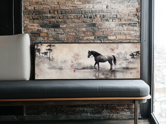 Tranquil Dark Horse In Mist Framed Print Chinoiserie Rustic Wall Art Vintage Horse Art Moody Living Room Decor Bedroom Gift Idea