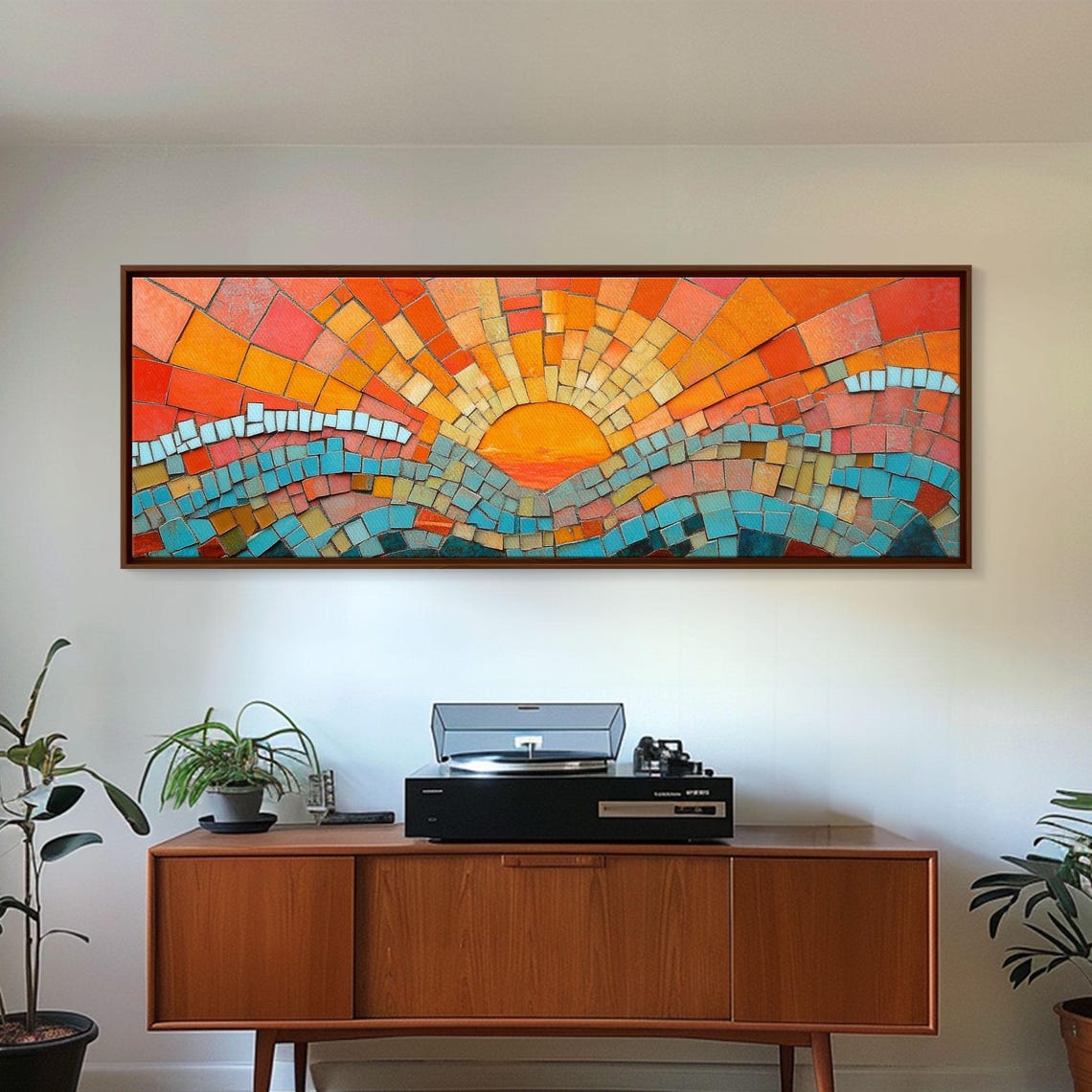 Sunset Mosaic Tiles Orange Sun Turquoise Waves Panoramic Poster - Image 2