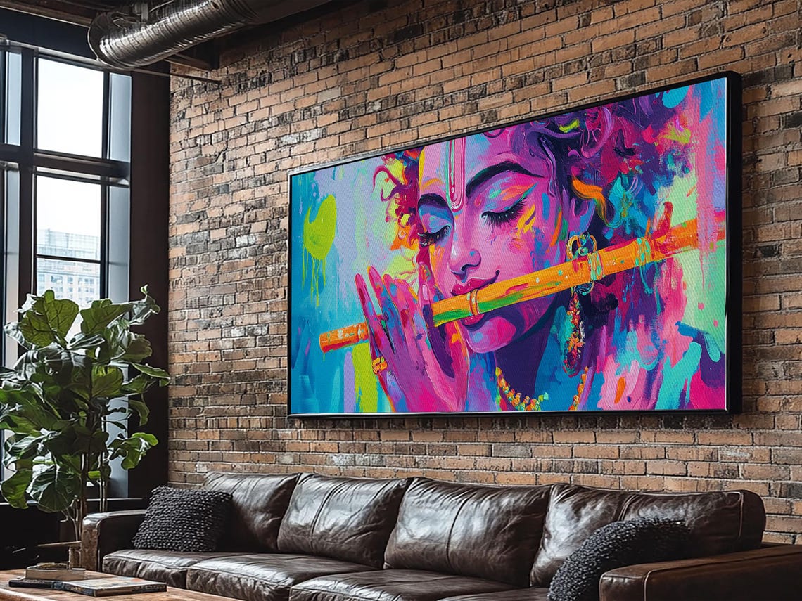 Krishna Playing Flute Vibrant Abstract Hindu Portrait Art Poster - Image 2