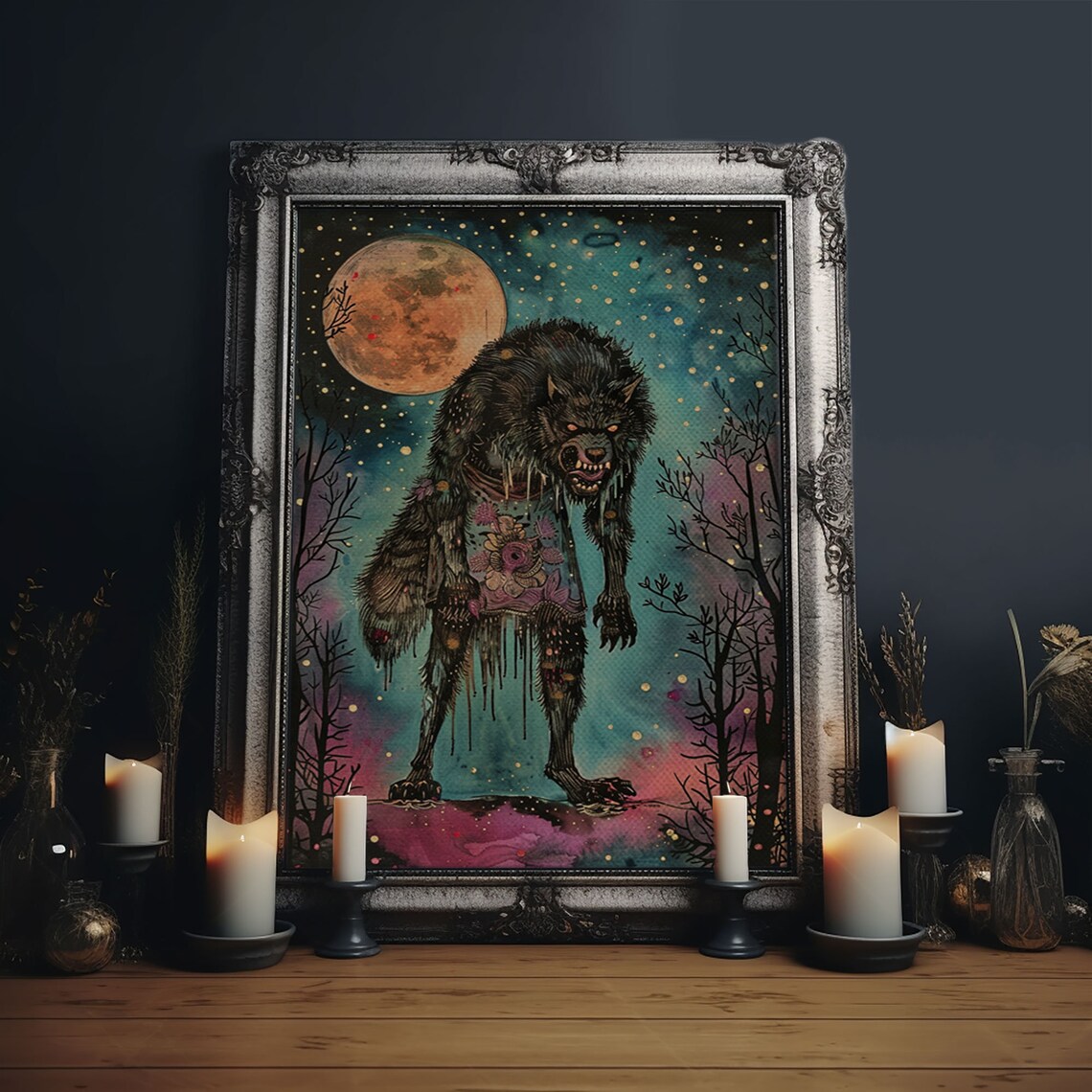 Halloween Werewolf Full Moon Art Print, Spooky Decor