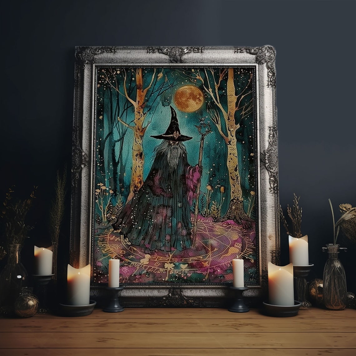 Bearded Wizard Moonlit Forest Full Moon Magic Fantasy Art Wall Poster