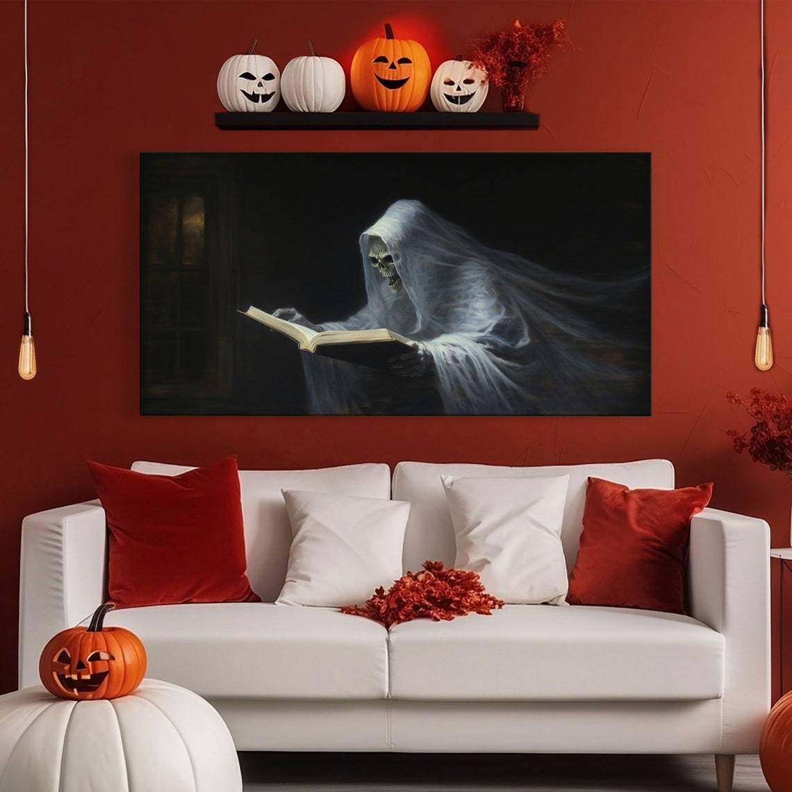 Reading Ghost Skeletal Figure With Book Moody Panoramic Wall Art - Image 6