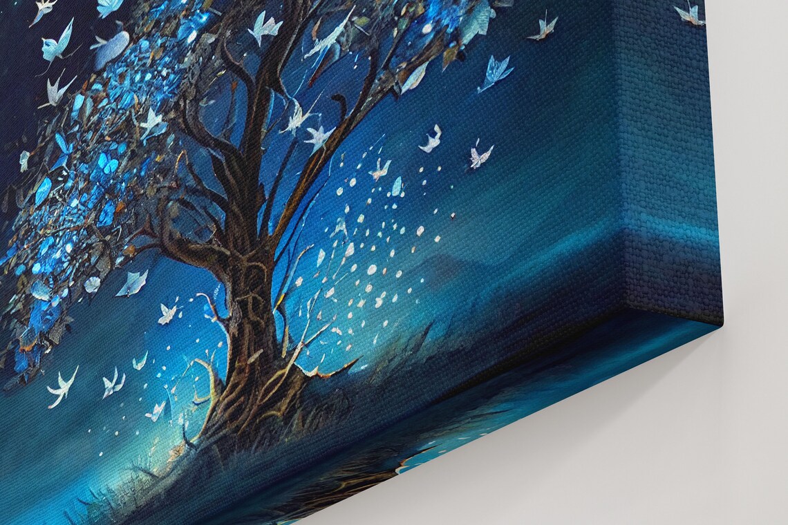Glowing Blue Butterflies In A Fantasy Tree, Art Print - Image 2