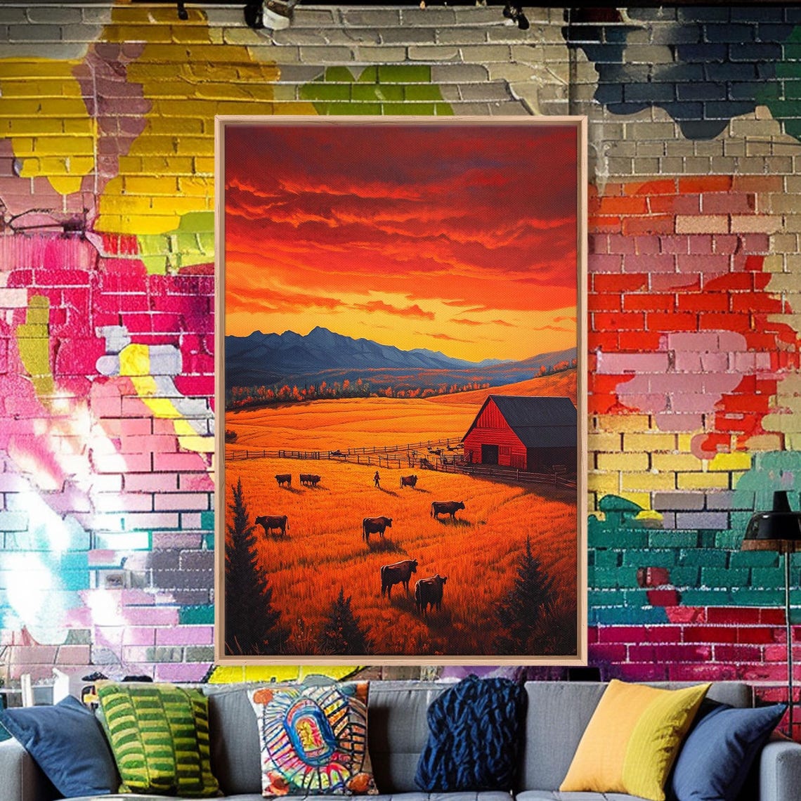 Golden Fields At Sunset With Red Barn Grazing Cows Farm Poster - Image 3