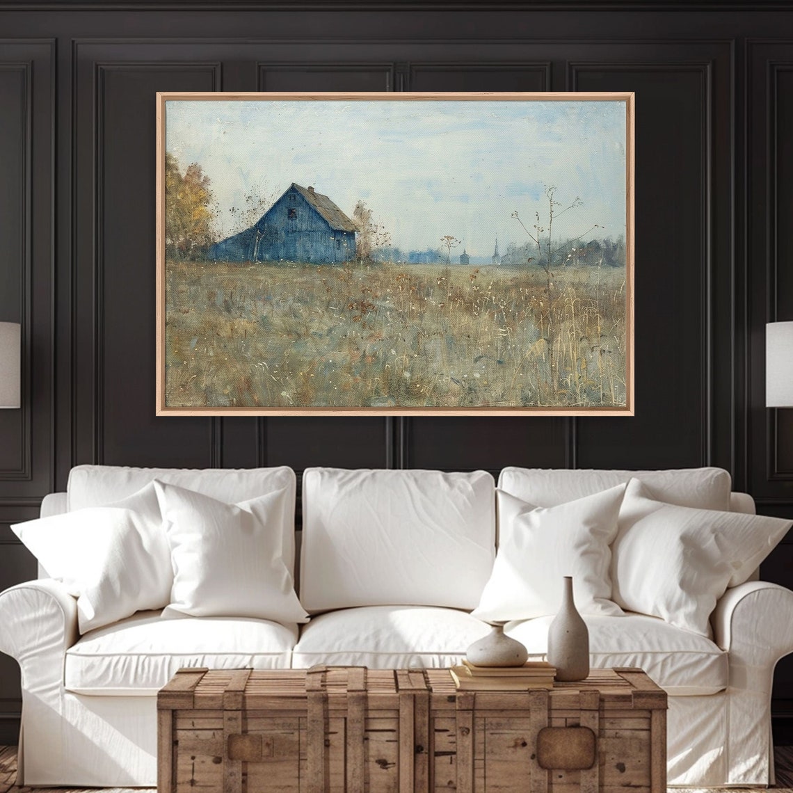 Old Blue Barn Folk Art Painting Field Tall Dry Grass Rustic Wall Art - Image 3