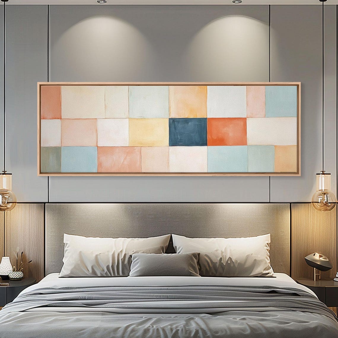 Mid Century Modern Abstract Watercolor Square Grid Panoramic Poster - Image 3