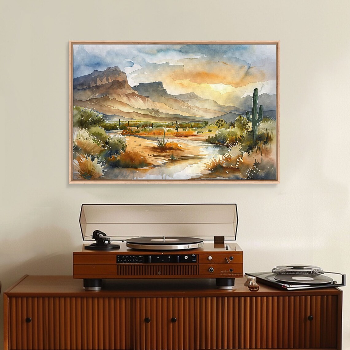 Arizona Desert Watercolor Mesa Saguaro Cactus Pond Golden Sunset Print - Image 4