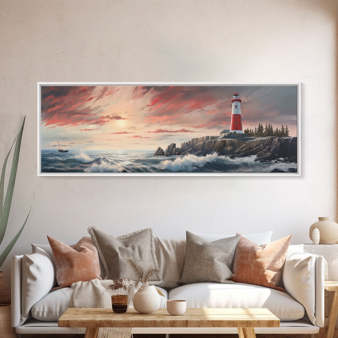 Red White Lighthouse Rocky Cliff Sunset Waves Ocean View Poster - Image 5