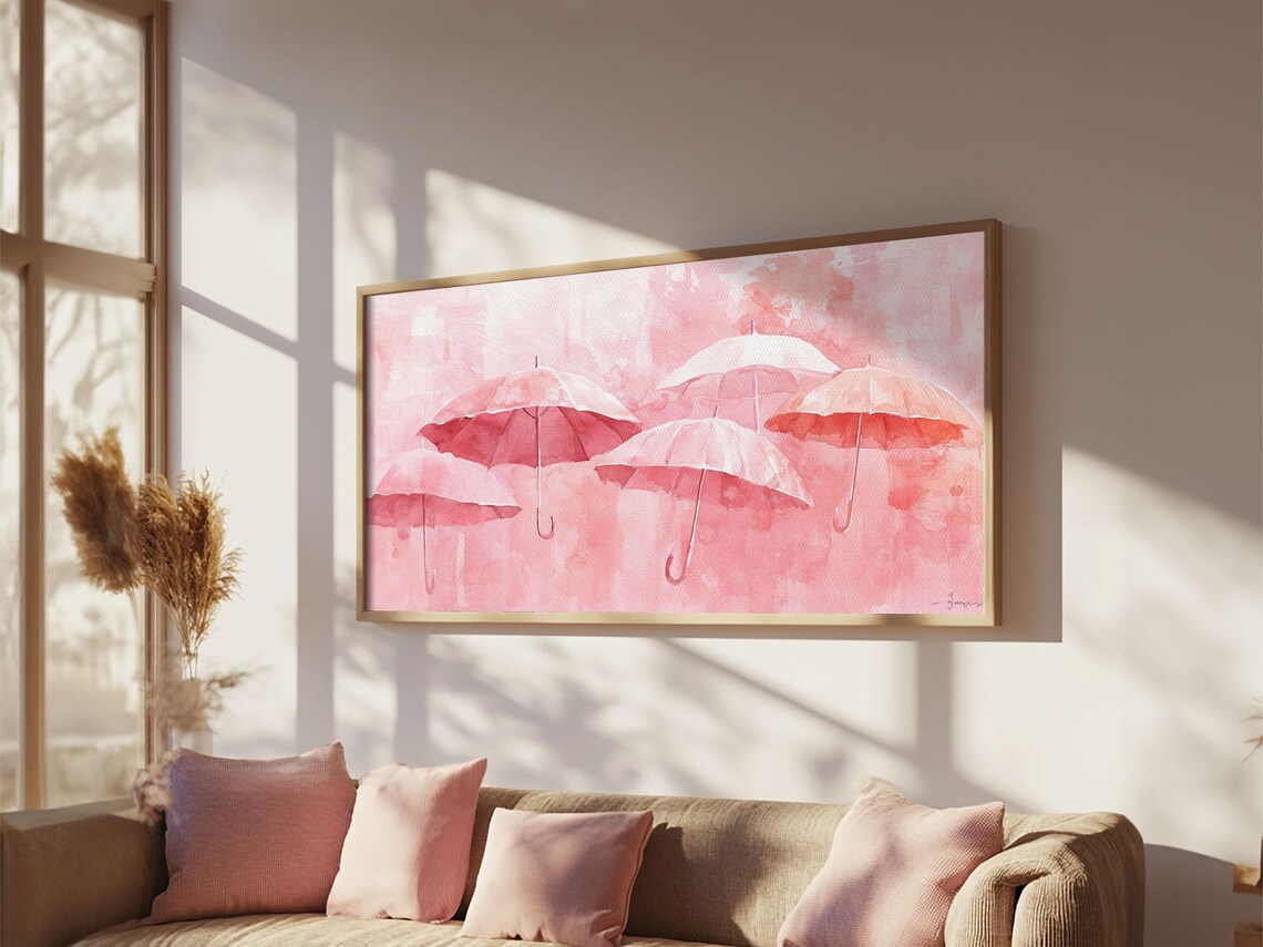 Pink Umbrellas Wide Horizontal Watercolor Rainy Day Whimsical Decor Poster - Image 6