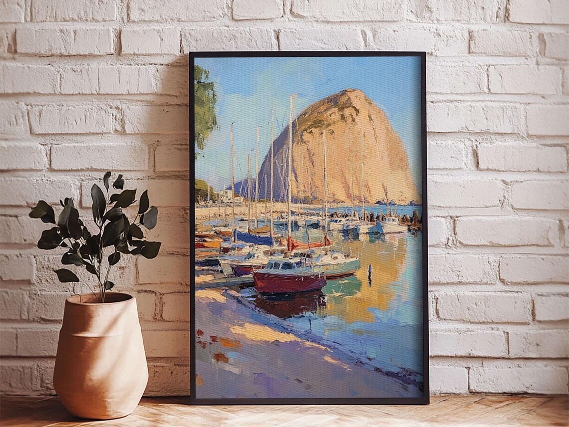 Seaside Harbor Sailboats Cliff Oil Painting Coastal Wall Art Poster - Image 2