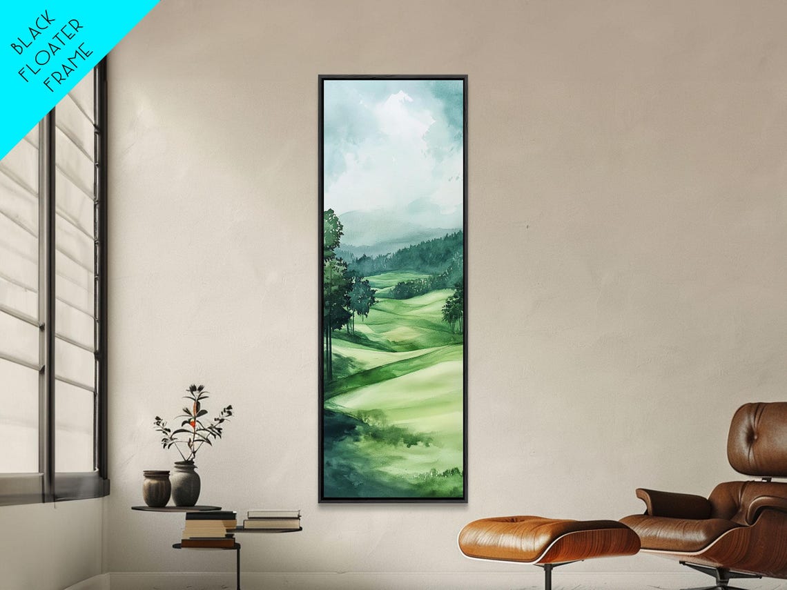 Rolling Green Hills Misty Watercolor Mountain Landscape Wall Poster - Image 2