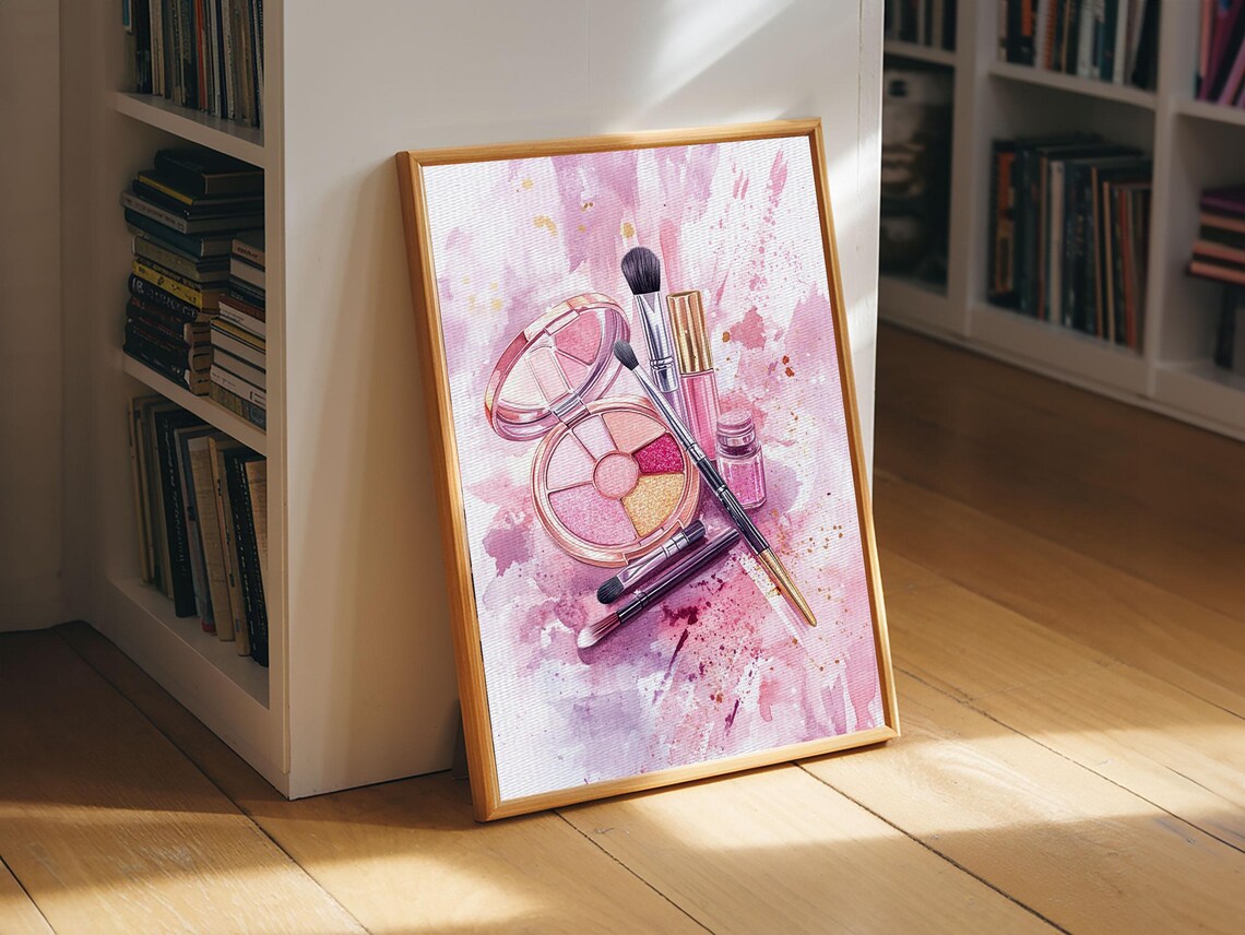 Pink Makeup Set Eyeshadow Brushes Watercolor Art Print Vanity Wall Poster - Image 2