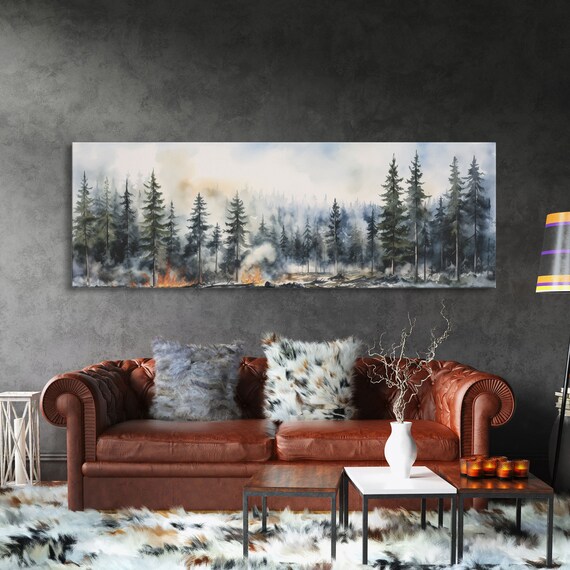 Panoramic Watercolor Painting Of A Forest Fire Wall Art Framed Print Landscape Painting Oil Painting Vintage Landscape