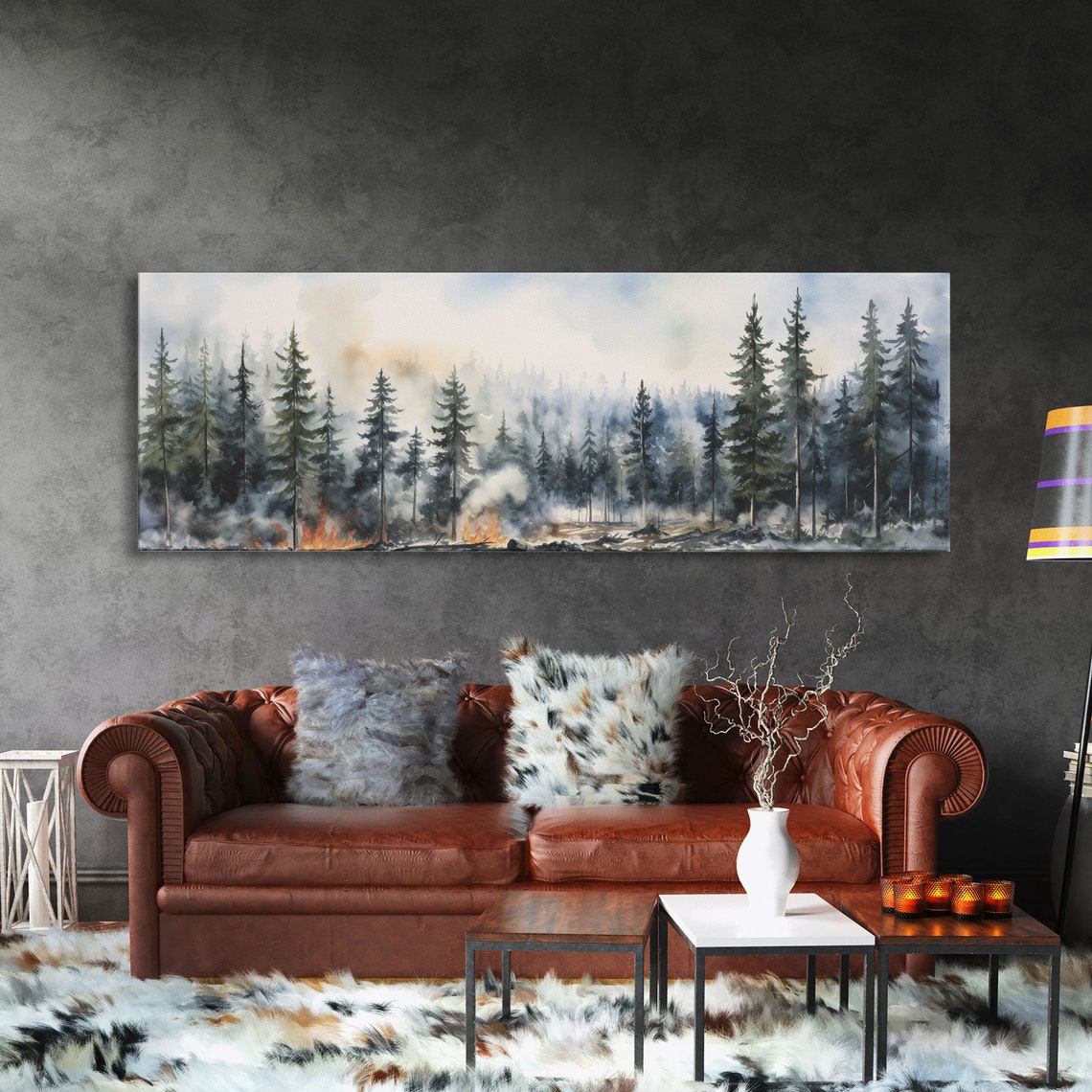 Forest Fire Watercolor Misty Tall Pine Trees Panoramic Print