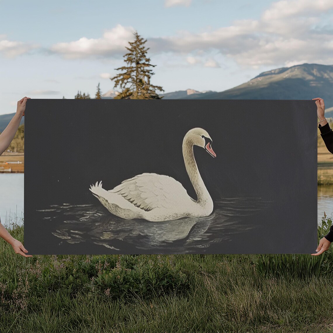White Swan Swimming Dark Water Minimalist Vintage Bird Wall Art Poster