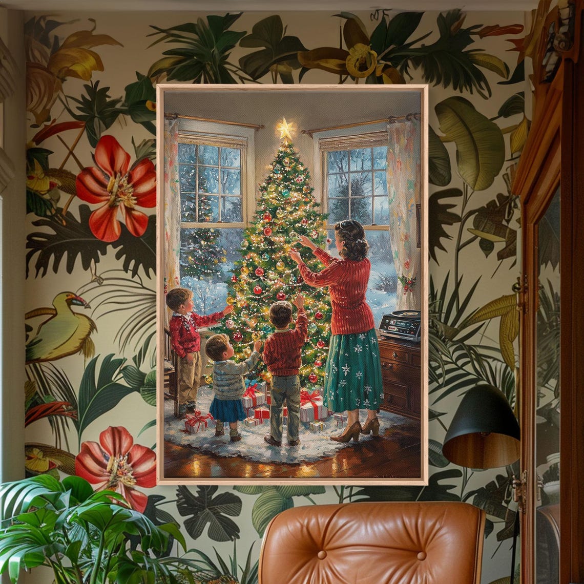 Retro Family Decorating Christmas Tree In Living Room Poster - Image 4