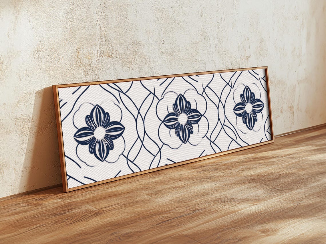 Navy Blue Floral Pattern Tile Art Moroccan Line Flower Wall Poster
