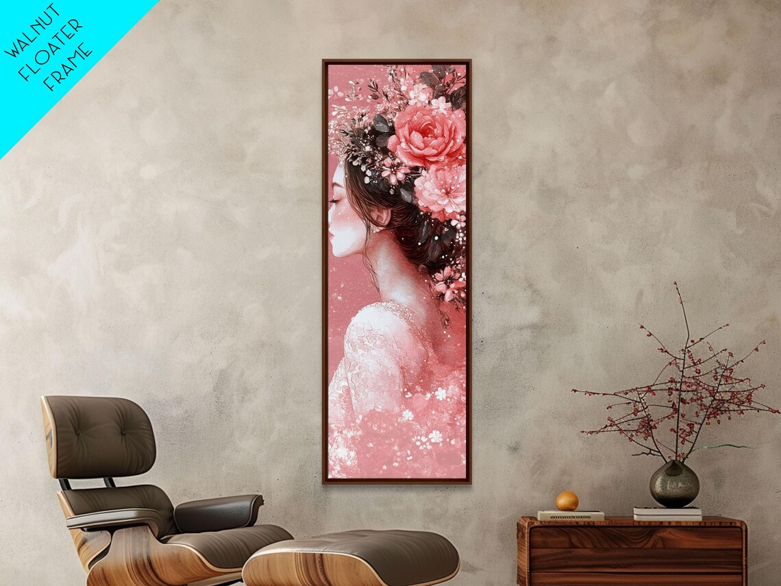 Floral Woman Portrait Pink Roses Watercolor Painting Vertical Wall Art - Image 5