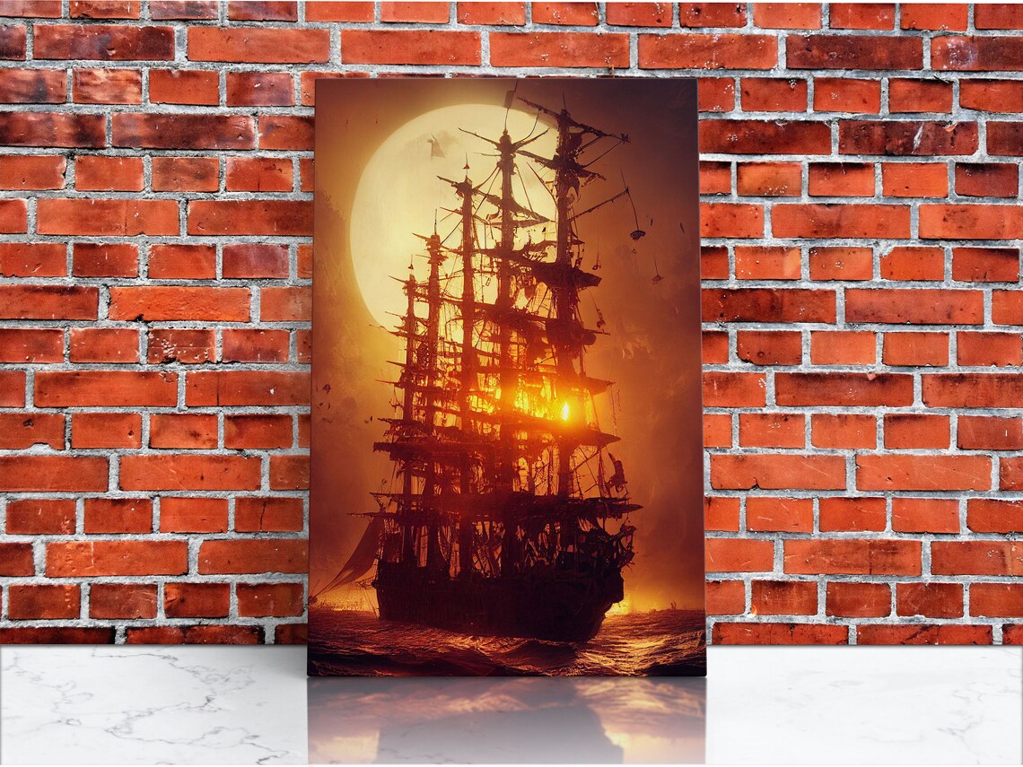 Ghost Ship and Full Moon Spooky Pirate Ship Art Print - Image 4
