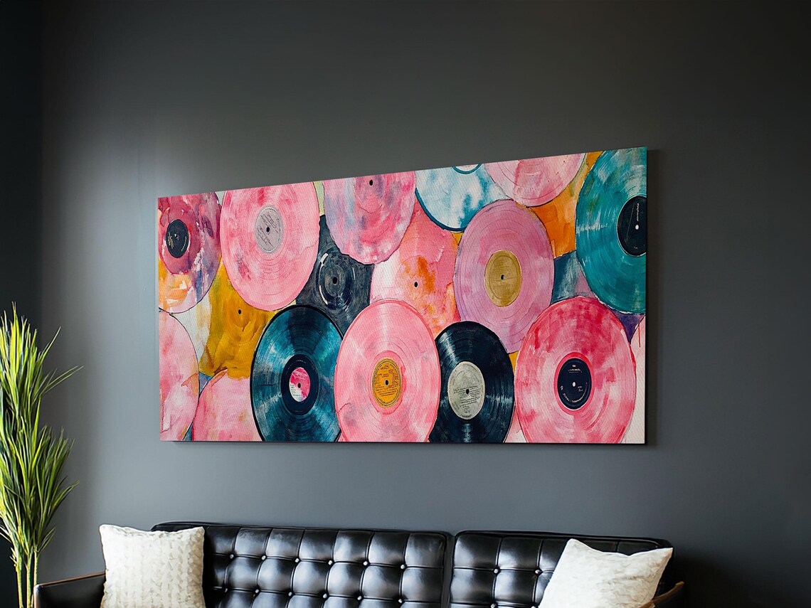 Colorful Vinyl Records Wide Horizontal Retro Pink Teal Music Art Poster - Image 6