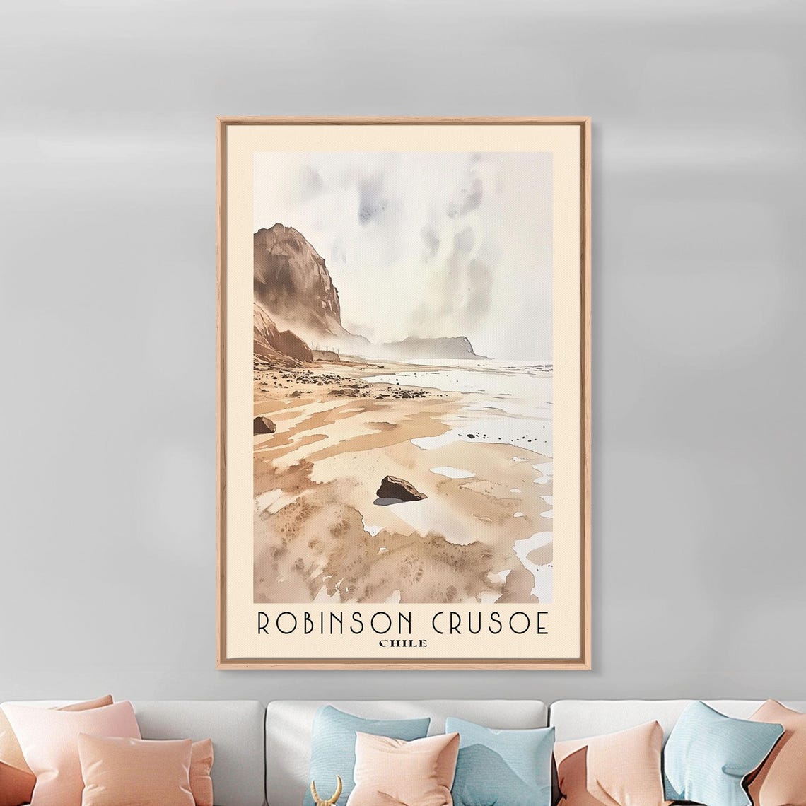 Robinson Crusoe Chile Misty Cliff Beach Sepia Watercolor Poster - Image 2